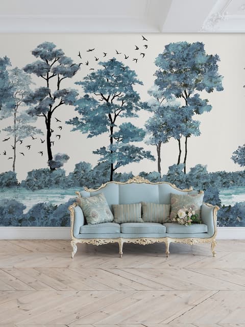 Papier peint panoramique Monochrome Aquarelle Grands Arbres