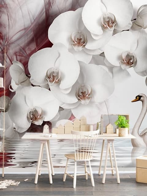 Papier peint panoramique cygnes et orchidées blanches avec motif fumée rouge