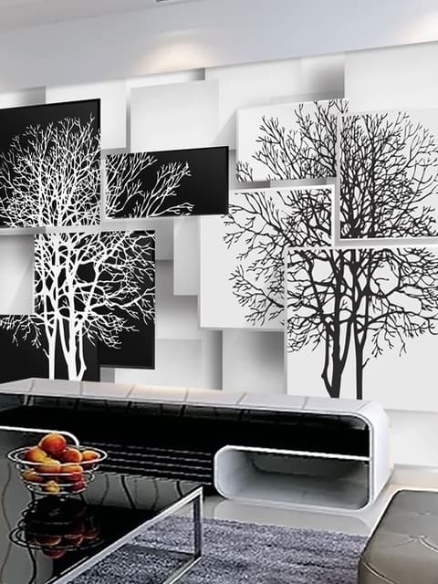 Papier peint panoramique arbre noir et blanc avec cubes abstraits
