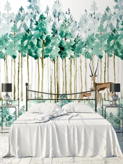 Papier peint forêt verte aquarelle élan