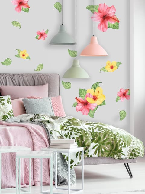 Pink Gelbe Mirabilis Blumen und Tropische Grüne Blätter Wandtattoo