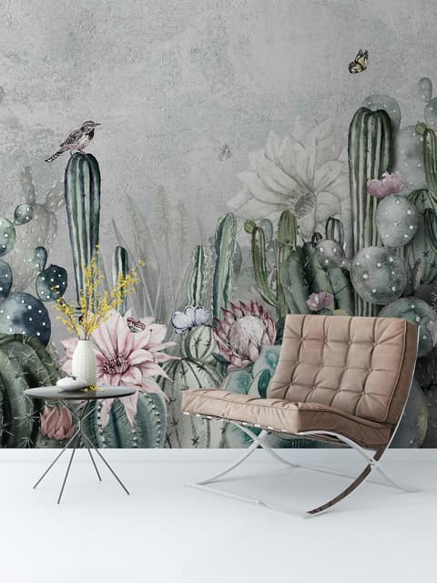 Aquarell-Kaktus mit Blumen Fototapete