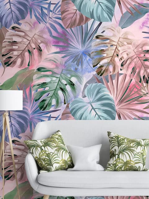 Papier peint panoramique de feuilles tropicales colorées