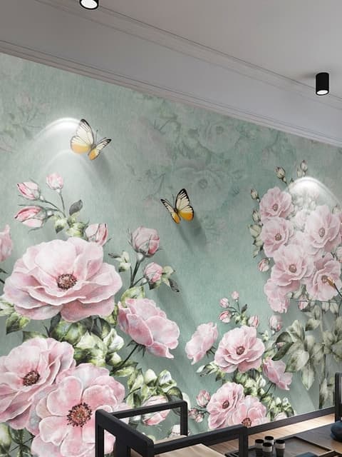 Vintage Pink Floral und Gelber Schmetterling Fototapete