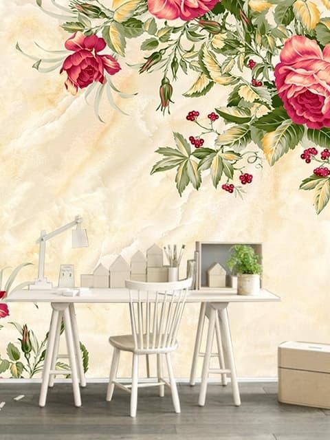 Papier peint panoramique floral rouge pastel vintage
