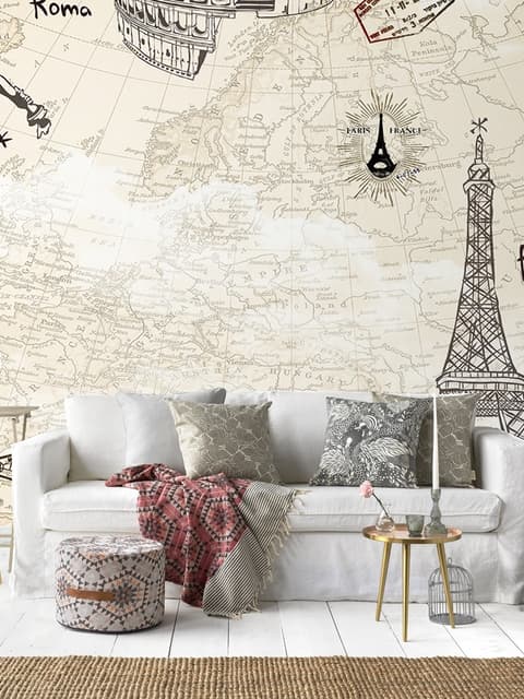 Papier peint panoramique avec la Tour Eiffel et la Statue de la Liberté