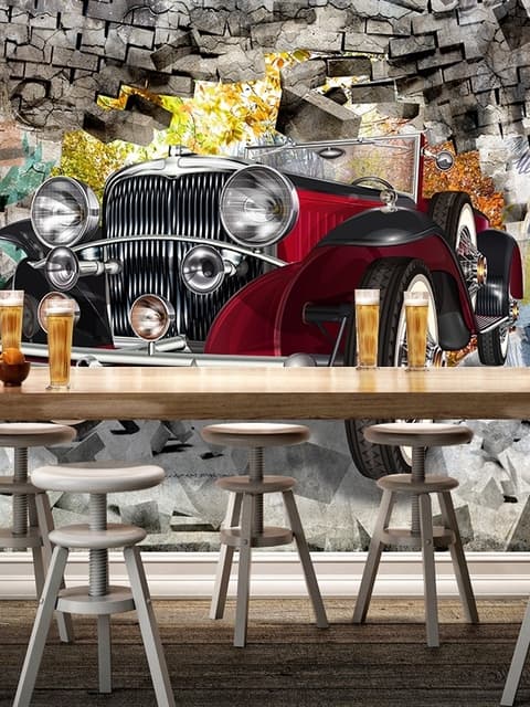 Vintage Car with Graffiti Brick Wallpaper Mural