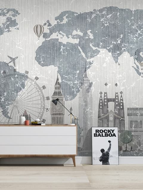 Vintage World Map with Old Hot Air Balloon Wallpaper Mural