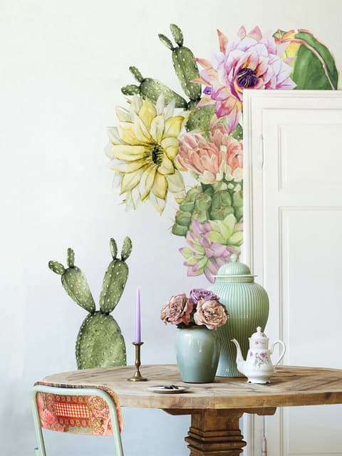 Watercolor Pink Yellow Cactus Florals Wall Decal Sticker