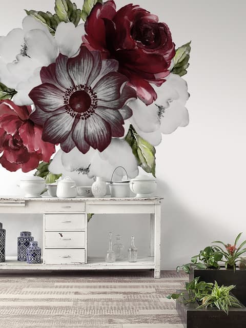 Watercolor Red Rose and Anemone Floral Bouqets Wall Decal Sticker