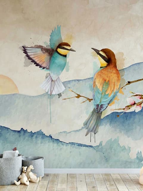 Aquarell Winterlandschaft und Bunter Vogel Fototapete