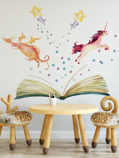 Stickers muraux licorne et dinosaures dans un livre d’histoires aquarelle pour enfants