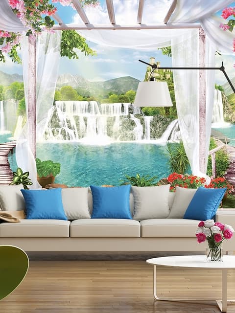 3D Look Waterfall Landscape and Scenic Garden Wallpaper Mural