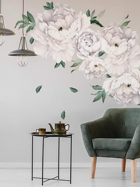 White Peony Floral with Green Leaves Wall Decal Sticker