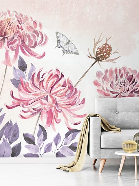 Retro Watercolor Pink Dandelion Flower Art Wallpaper Mural