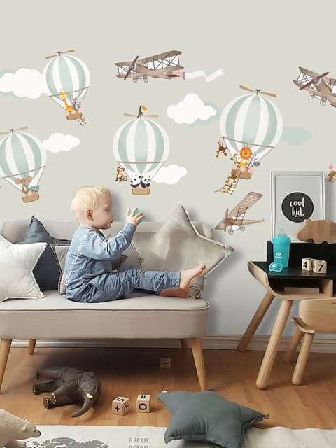 Kids Green Hot Air Balloon and Brown Aircraft with Clouds Wall Decal Sticker