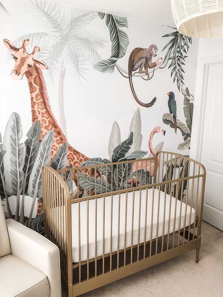 Kids Nursery Pink Flamingo and Cute Giraffe Safari Animals Wallpaper Mural