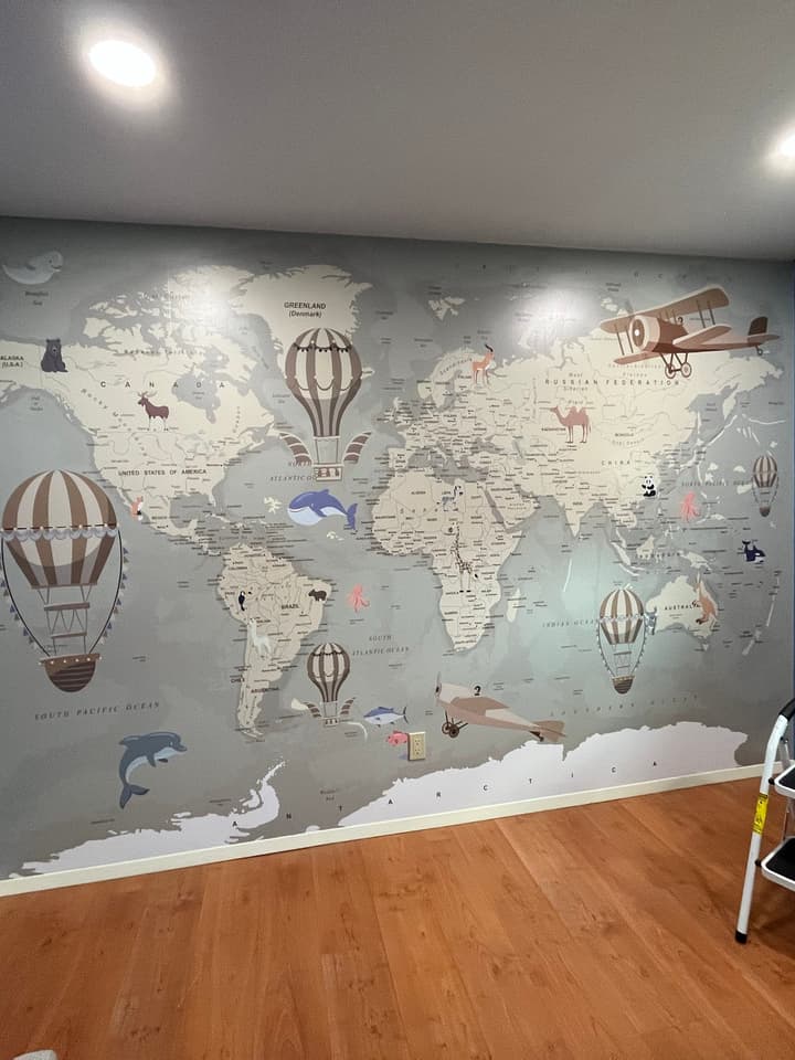 Kids Soft Brown Political World Map with Drawing Animals Wallpaper Mural