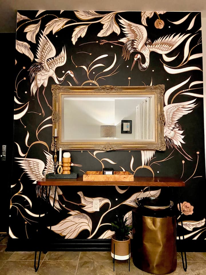 Dark Crane Birds and Brown Retro Florals Wallpaper Mural
