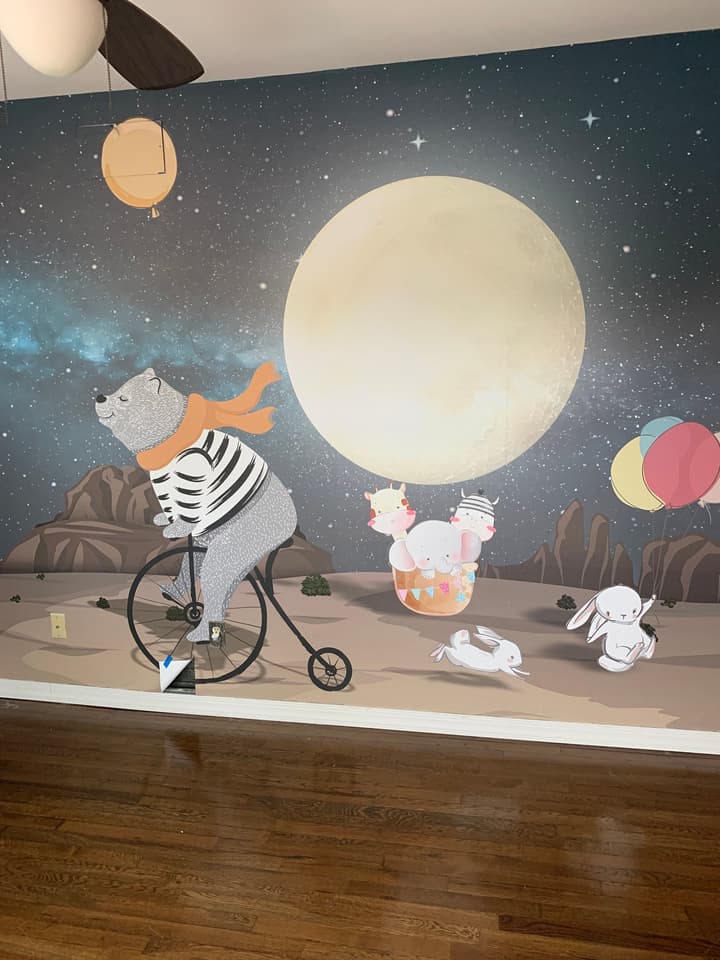 Cartoon Bear and Cute Rabbit with Moon Wallpaper Mural