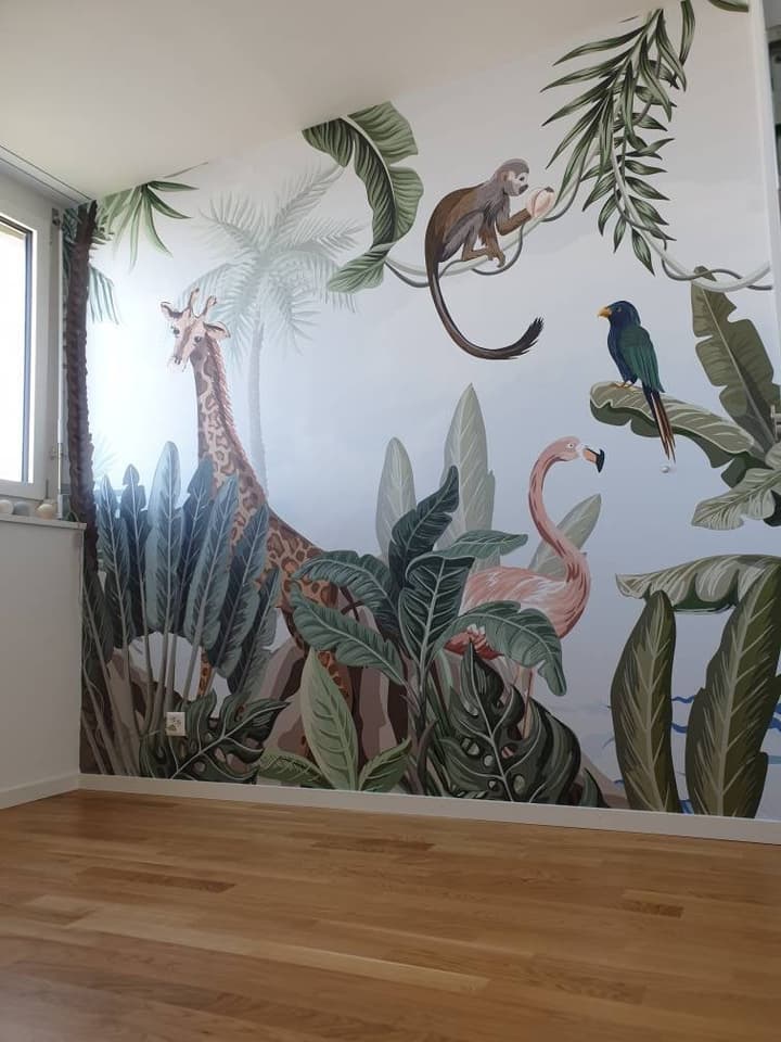 Kids Nursery Pink Flamingo and Cute Giraffe Safari Animals Wallpaper Mural