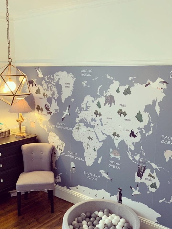Kids Political Soft World Map with Cute Animals Wallpaper Mural