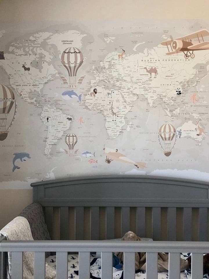 Kids Soft Brown Political World Map with Drawing Animals Wallpaper Mural