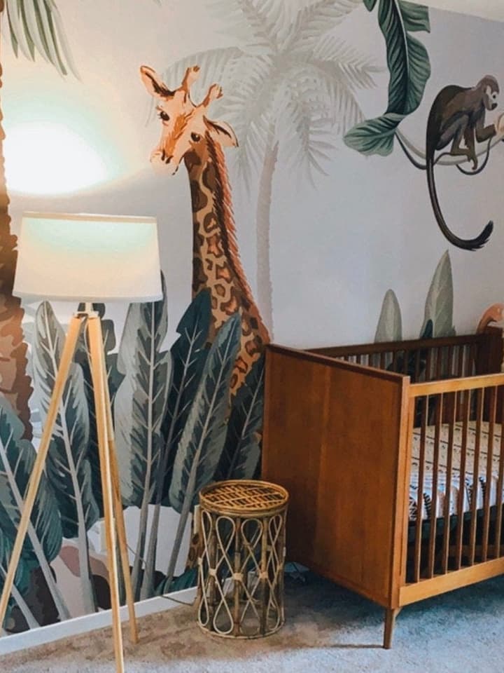 Kids Nursery Pink Flamingo and Cute Giraffe Safari Animals Wallpaper Mural