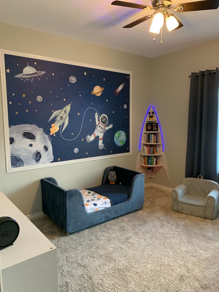 Kids Watercolor Space with Spaceship and Astronaut Wallpaper Mural