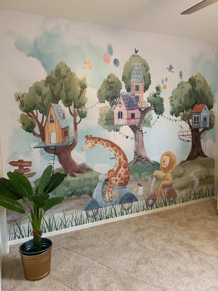 Kids Forest Animals with Treehouse Wallpaper Mural