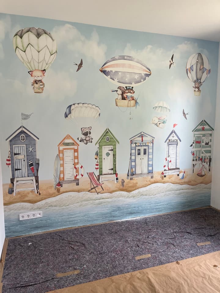 Watercolor Kids Beach House with Hot Air Balloons