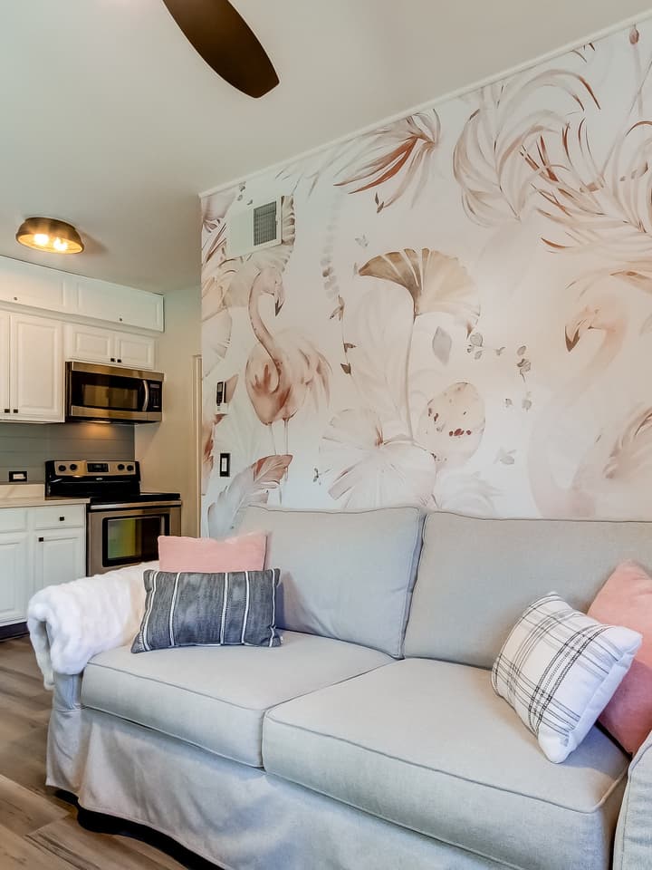 Soft Flamingo Art with Boho Tropical Leaf Wallpaper Mural