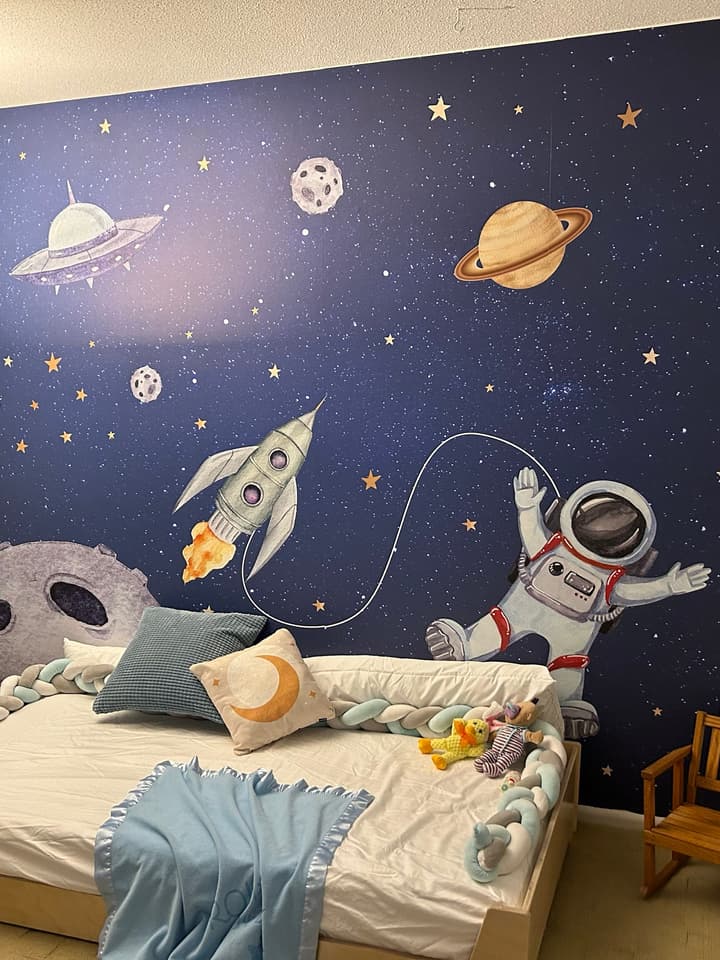 Kids Watercolor Space with Spaceship and Astronaut Wallpaper Mural