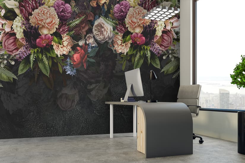 Dark Vine Floral and Peony Blossom Wallpaper Mural