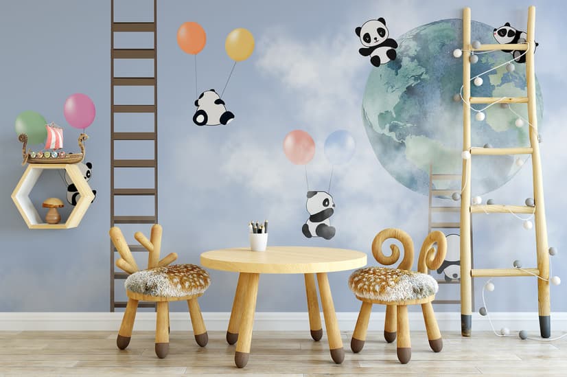 Cartoon Pandas in the Sky Wallpaper Mural