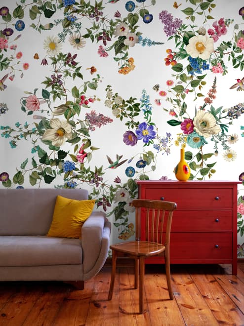 Papier peint fleurs botaniques oiseaux