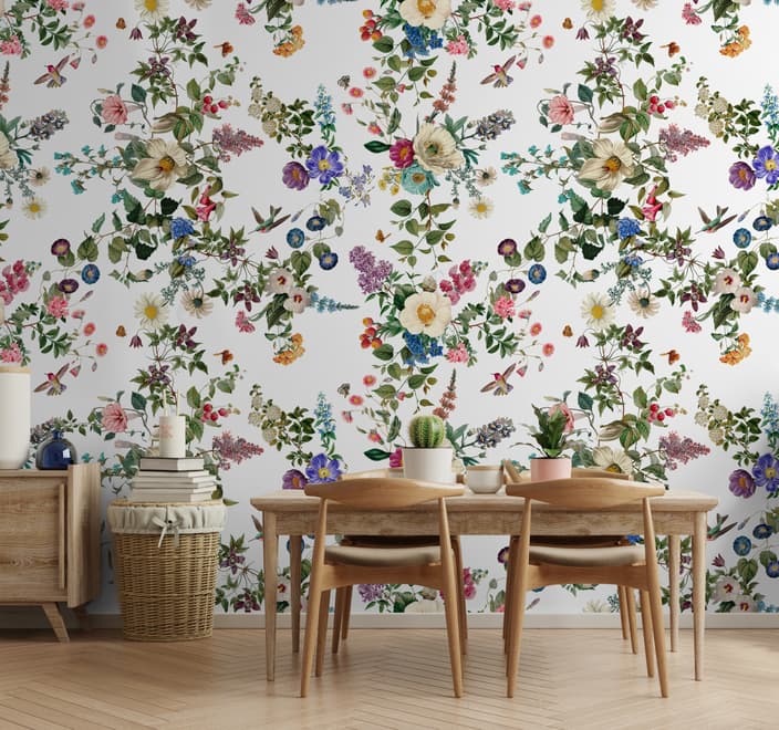 Papier peint fleurs botaniques oiseaux