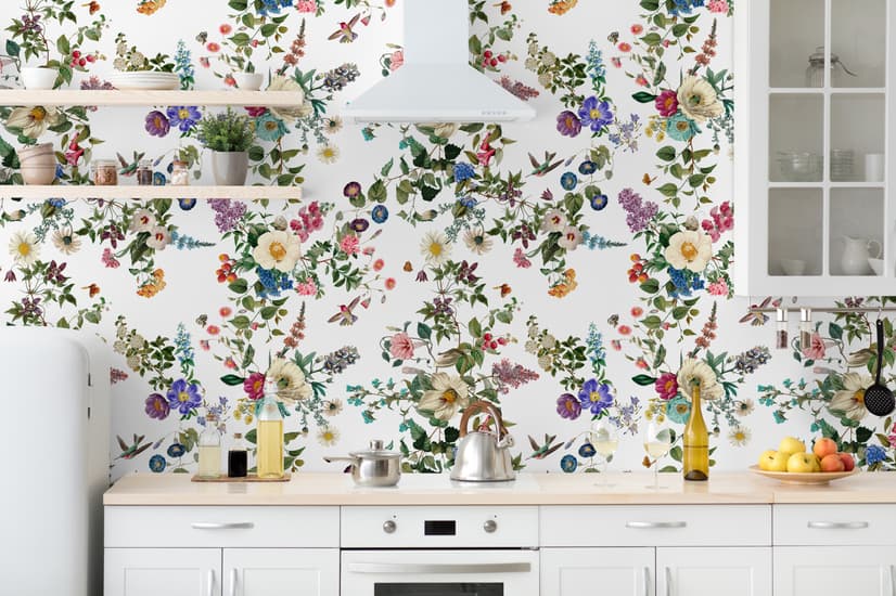 Papier peint fleurs botaniques oiseaux