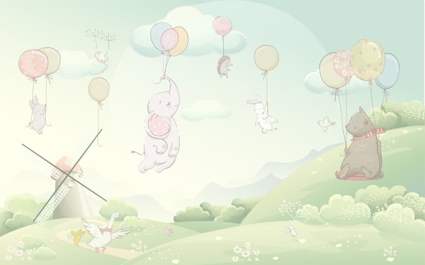 Animals Flying with Balloon Wallpaper Mural