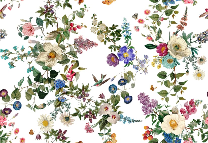 Papier peint fleurs botaniques oiseaux