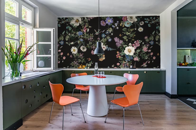 Papier peint fleurs botaniques oiseaux