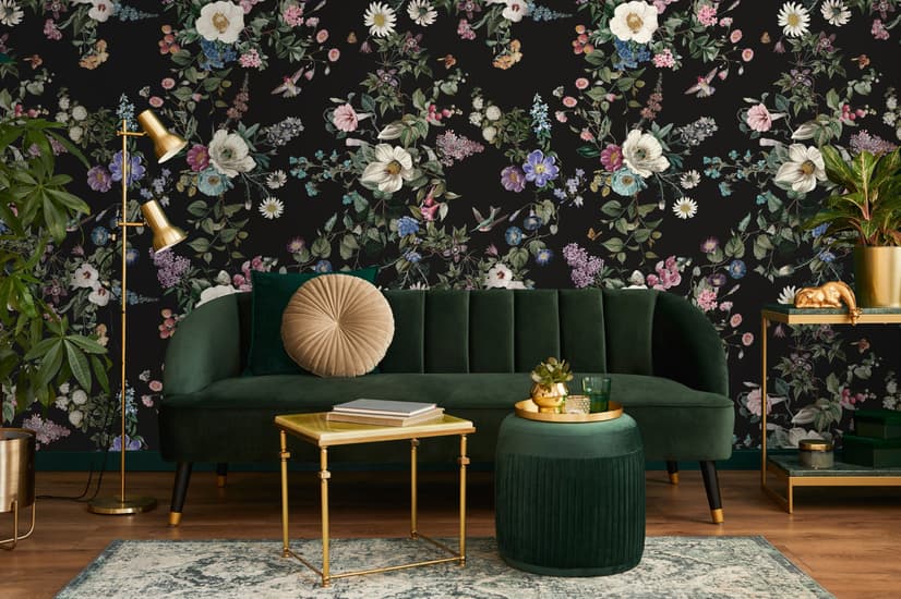 Papier peint fleurs botaniques oiseaux