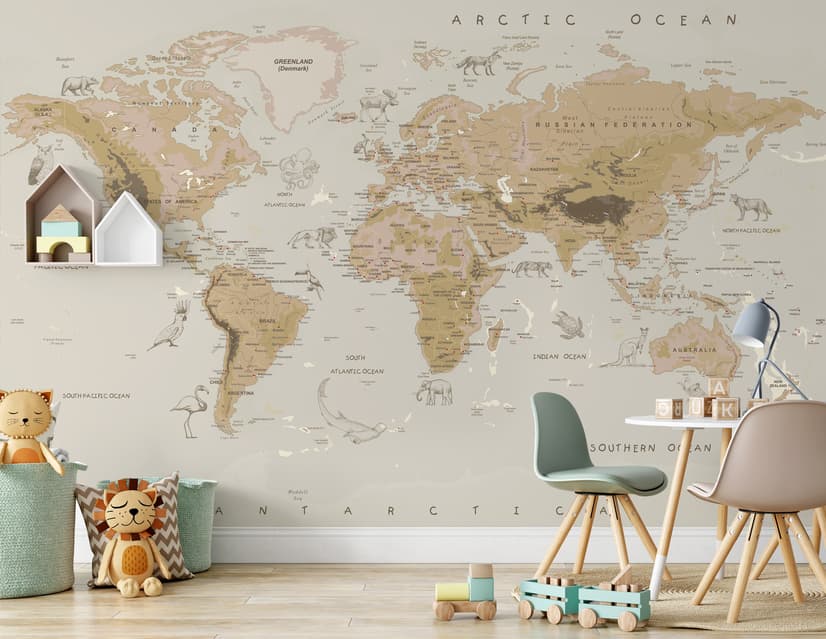 Kids Brown Political World Map with Animals Wallpaper Mural