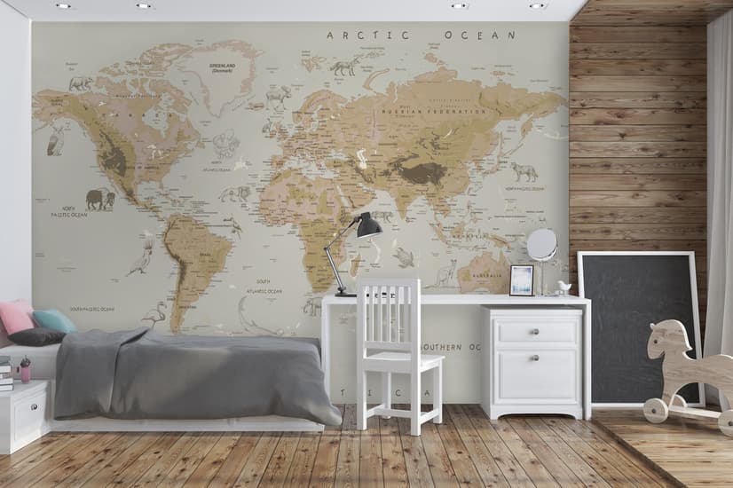 Kids Brown Political World Map with Animals Wallpaper Mural