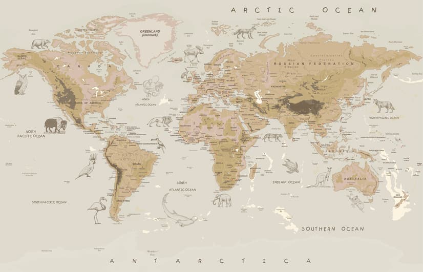 Kids Brown Political World Map with Animals Wallpaper Mural