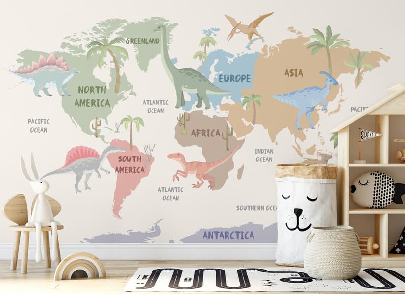 Papier peint carte monde dinosaures enfants