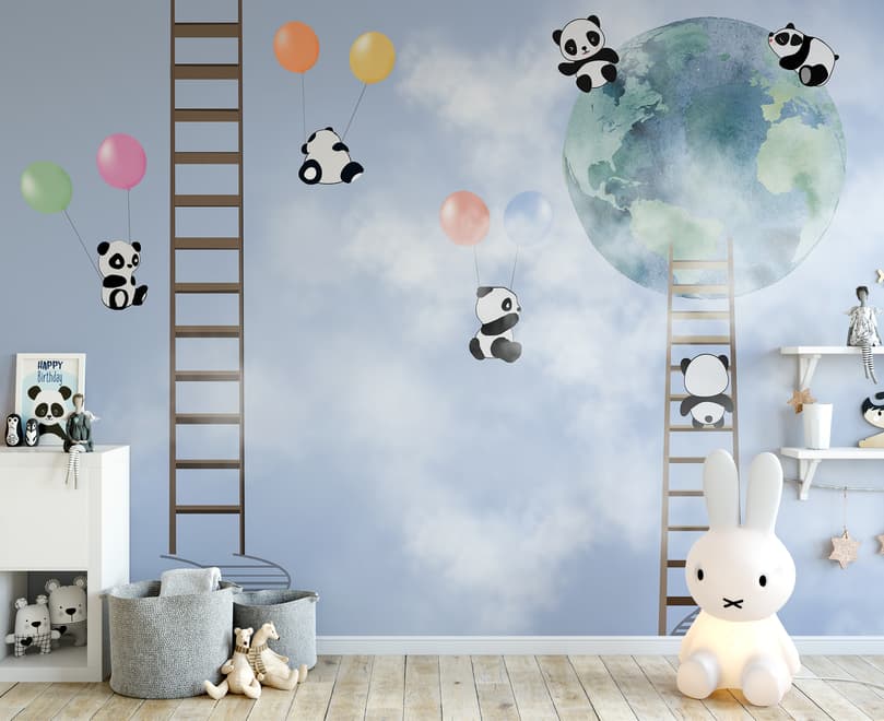 Cartoon Pandas in the Sky Wallpaper Mural