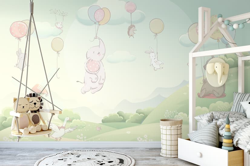 Animals Flying with Balloon Wallpaper Mural