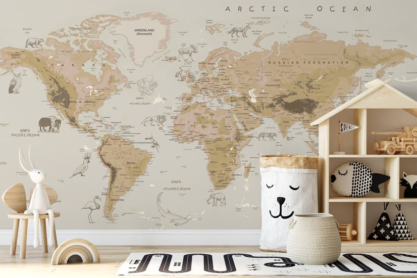 Kids Brown Political World Map with Animals Wallpaper Mural