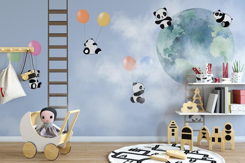 Papier peint panoramique pandas cartoon dans le ciel